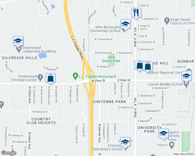 map of restaurants, bars, coffee shops, grocery stores, and more near 1508 North Denver Avenue in Tulsa