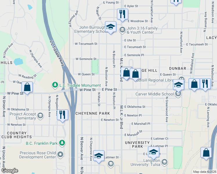 map of restaurants, bars, coffee shops, grocery stores, and more near 1507 North Boston Avenue in Tulsa