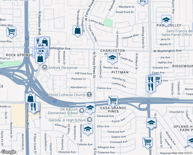 map of restaurants, bars, coffee shops, grocery stores, and more near 304 North Torrey Pines Drive in Las Vegas