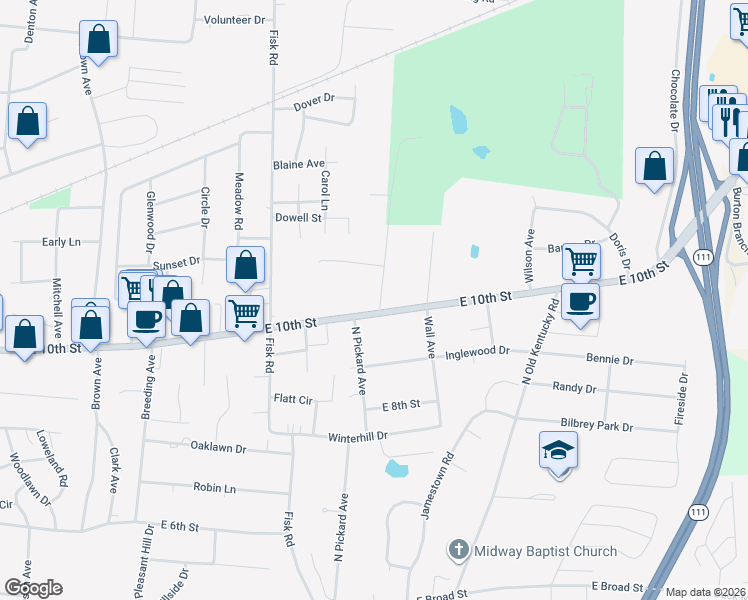 map of restaurants, bars, coffee shops, grocery stores, and more near 1010 Country Club Road in Cookeville