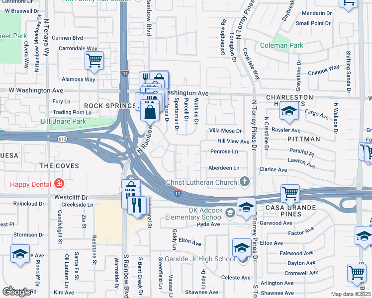 map of restaurants, bars, coffee shops, grocery stores, and more near 320 Brookside Lane in Las Vegas