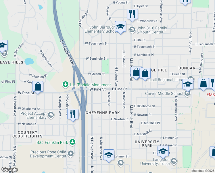 map of restaurants, bars, coffee shops, grocery stores, and more near 1508 North Main Street in Tulsa