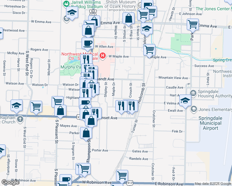 map of restaurants, bars, coffee shops, grocery stores, and more near 717 Maple Drive in Springdale