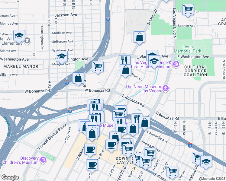 map of restaurants, bars, coffee shops, grocery stores, and more near 2 West Bonanza Road in Las Vegas