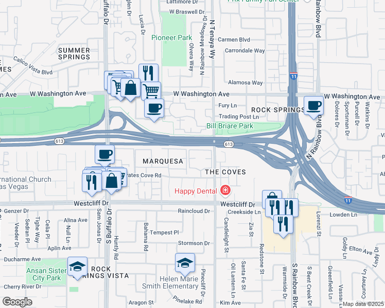 map of restaurants, bars, coffee shops, grocery stores, and more near 7100 West Pirates Cove Road in Las Vegas