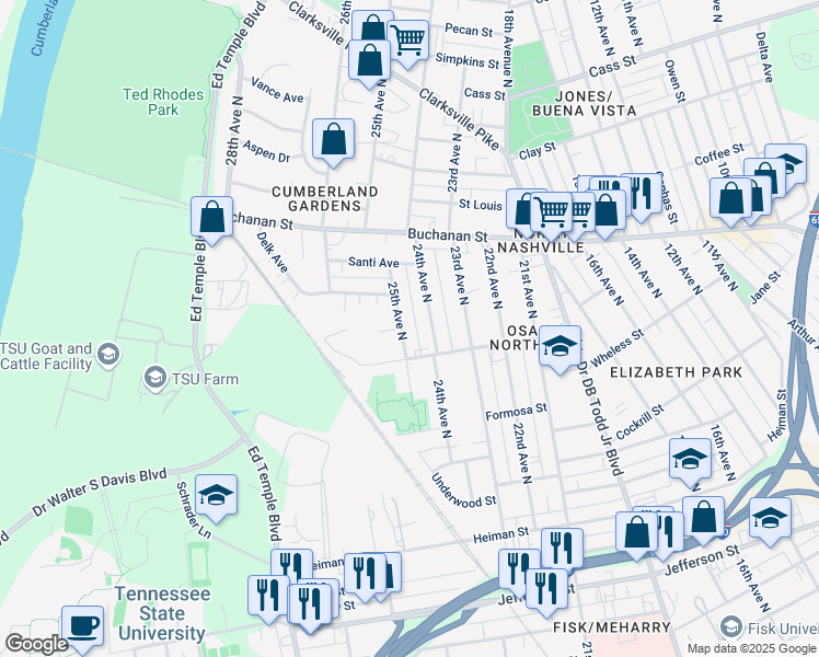 map of restaurants, bars, coffee shops, grocery stores, and more near 1705A 24th Avenue North in Nashville