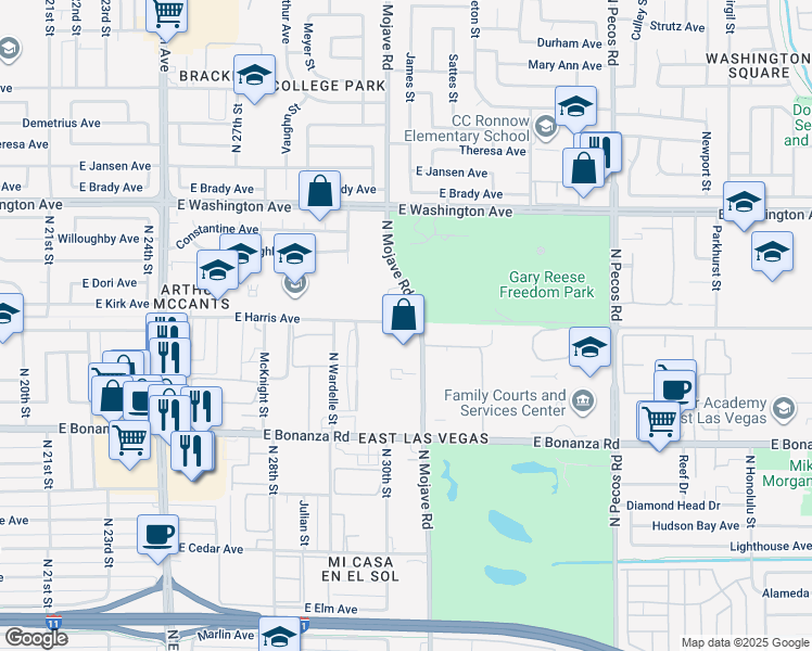 map of restaurants, bars, coffee shops, grocery stores, and more near 655 North Mojave Road in Las Vegas