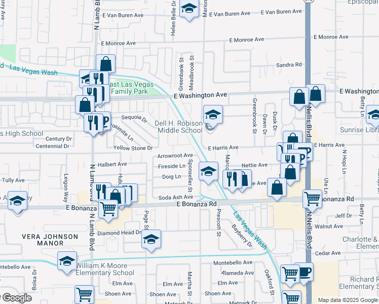 map of restaurants, bars, coffee shops, grocery stores, and more near 4620 Arrowroot Avenue in Las Vegas