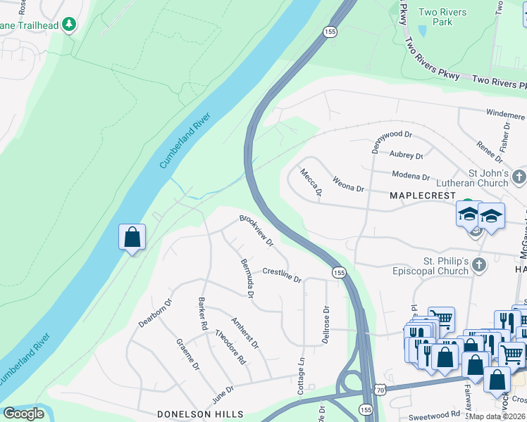 map of restaurants, bars, coffee shops, grocery stores, and more near Briley Parkway in Nashville