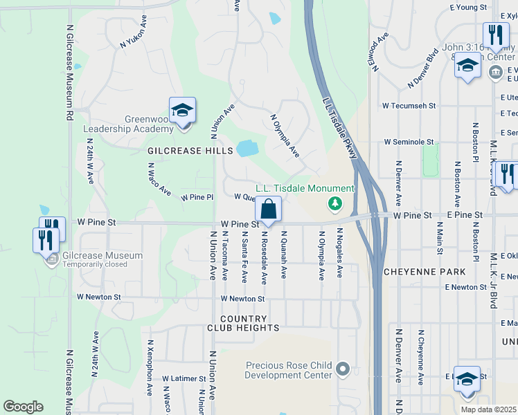 map of restaurants, bars, coffee shops, grocery stores, and more near 1236 West Queen Street in Tulsa