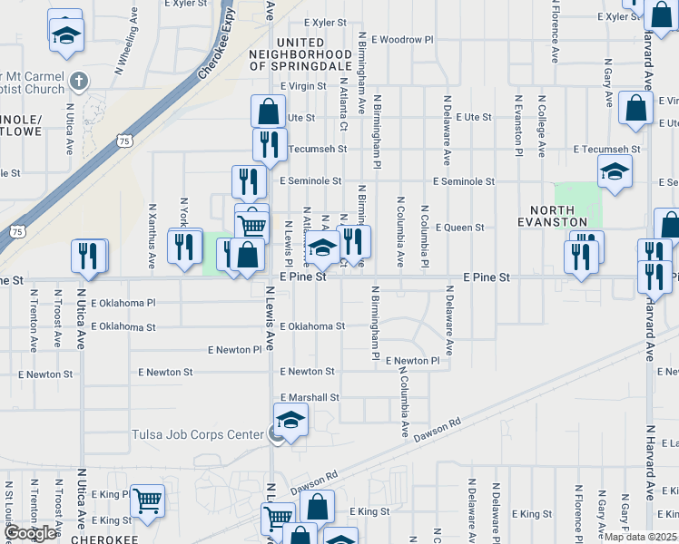 map of restaurants, bars, coffee shops, grocery stores, and more near 2537 East Pine Street in Tulsa
