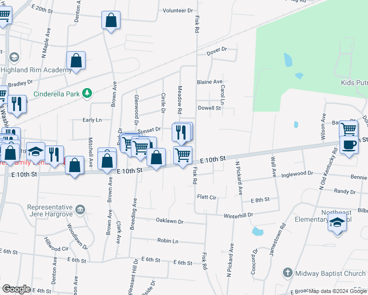 map of restaurants, bars, coffee shops, grocery stores, and more near 1068 East 10th Street in Cookeville