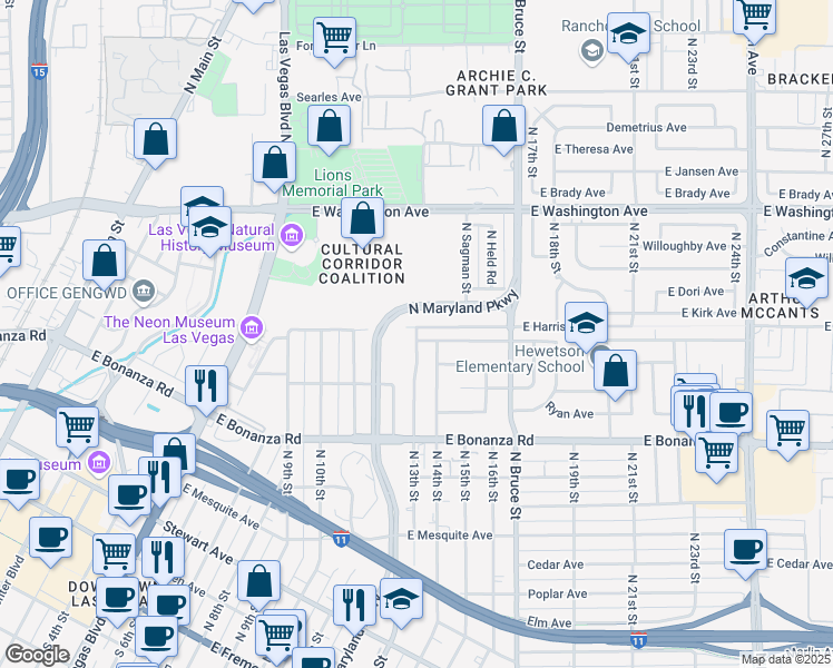 map of restaurants, bars, coffee shops, grocery stores, and more near 701 North 13th Street in Las Vegas