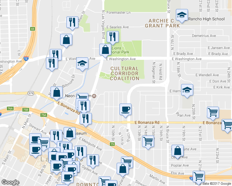 map of restaurants, bars, coffee shops, grocery stores, and more near 728 North 10th Street in Las Vegas