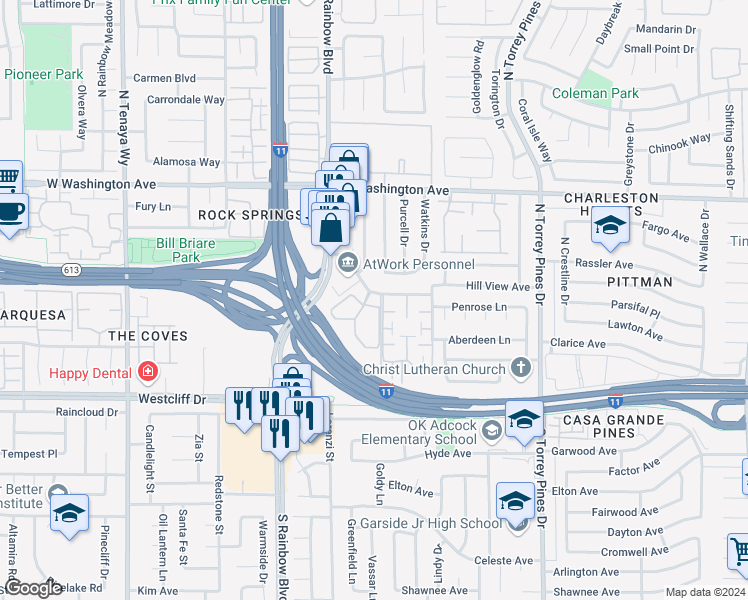 map of restaurants, bars, coffee shops, grocery stores, and more near 6661 Silverstream Avenue in Las Vegas