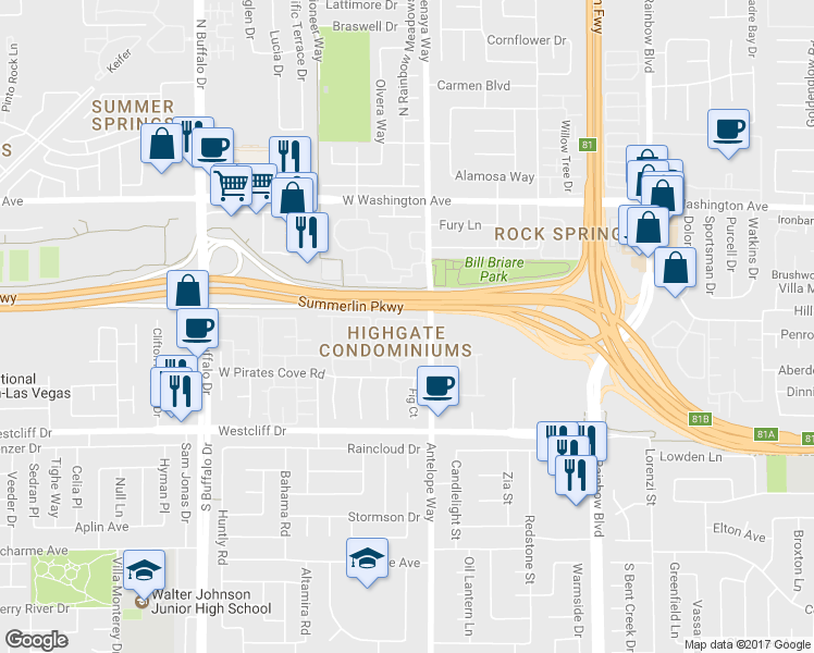 map of restaurants, bars, coffee shops, grocery stores, and more near 7100 West Pirates Cove Road in Las Vegas