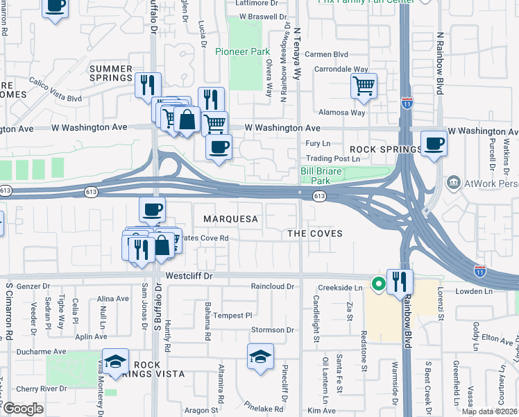 map of restaurants, bars, coffee shops, grocery stores, and more near 7200 West Pirates Cove Road in Las Vegas
