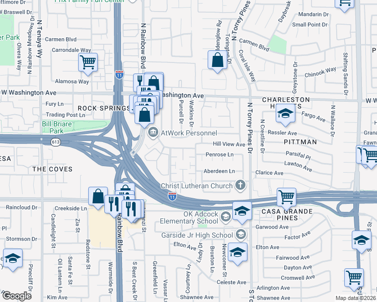 map of restaurants, bars, coffee shops, grocery stores, and more near 310 Brookside Lane in Las Vegas