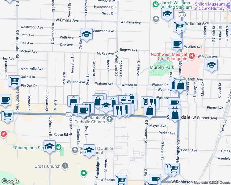 map of restaurants, bars, coffee shops, grocery stores, and more near 802 South West End Street in Springdale