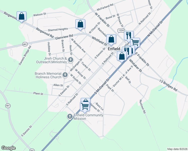 map of restaurants, bars, coffee shops, grocery stores, and more near 407 Southeast Railroad Street in Enfield