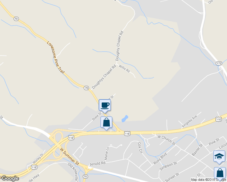 map of restaurants, bars, coffee shops, grocery stores, and more near 141 Powell Street in Greeneville