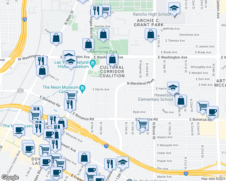 map of restaurants, bars, coffee shops, grocery stores, and more near 740 North 11th Street in Las Vegas
