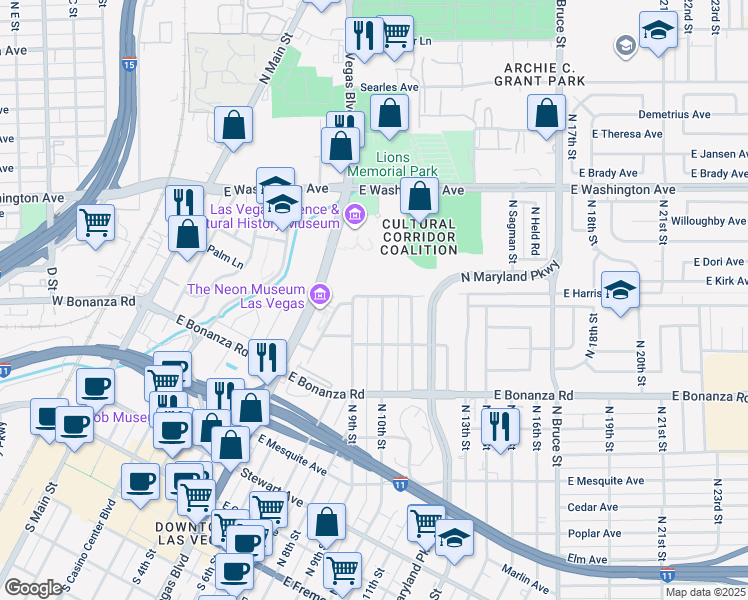 map of restaurants, bars, coffee shops, grocery stores, and more near 741 North 10th Street in Las Vegas