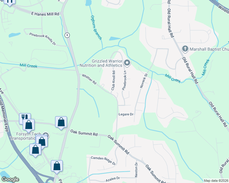 map of restaurants, bars, coffee shops, grocery stores, and more near 4465 Whittier Road in Winston-Salem