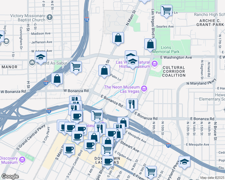 map of restaurants, bars, coffee shops, grocery stores, and more near 630 Biltmore Drive in Las Vegas