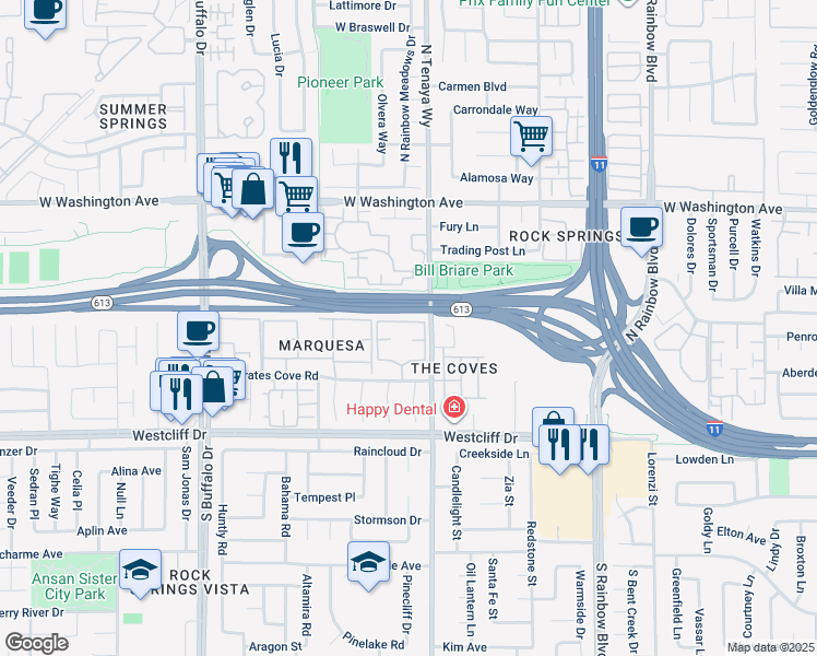 map of restaurants, bars, coffee shops, grocery stores, and more near 7100 Pirates Cove Road in Las Vegas