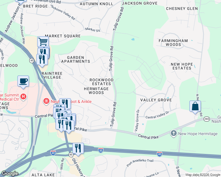 map of restaurants, bars, coffee shops, grocery stores, and more near 1214 Tulip Grove Road in Nashville