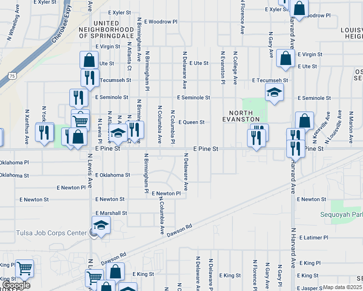map of restaurants, bars, coffee shops, grocery stores, and more near 2737 East Oklahoma Place in Tulsa
