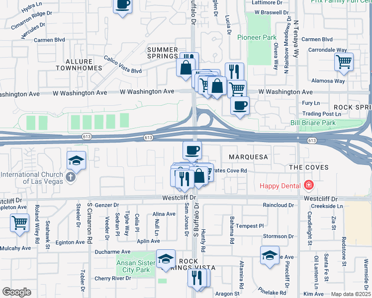 map of restaurants, bars, coffee shops, grocery stores, and more near 351 North Buffalo Drive in Las Vegas