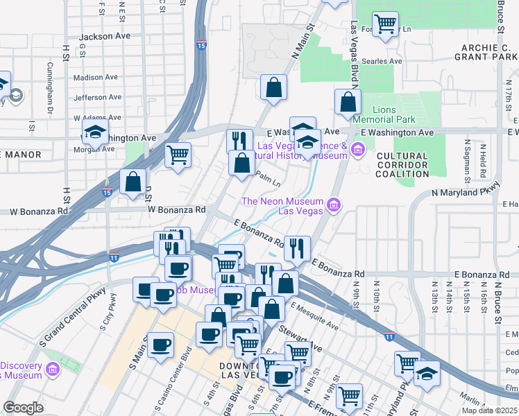 map of restaurants, bars, coffee shops, grocery stores, and more near 630 Biltmore Drive in Las Vegas