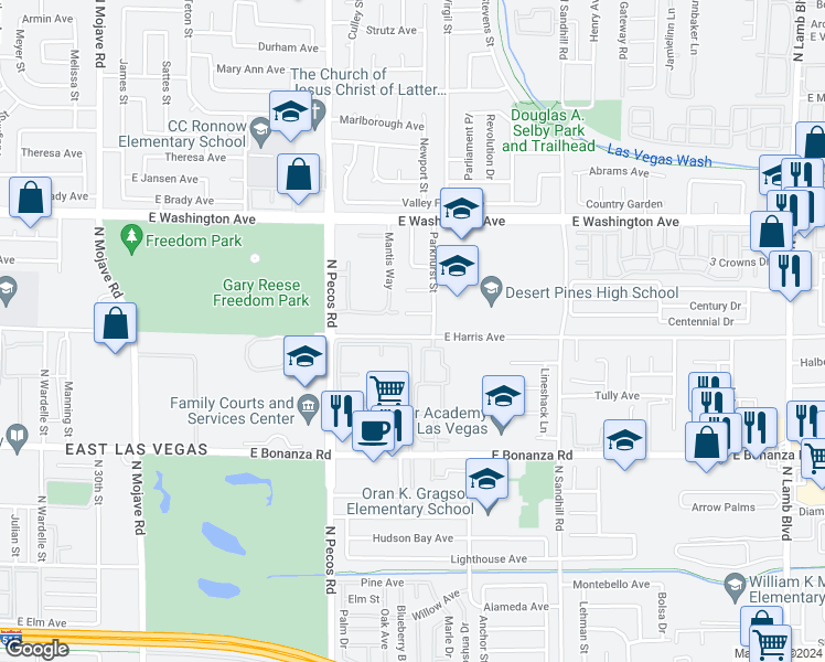 map of restaurants, bars, coffee shops, grocery stores, and more near 3616 East Harris Avenue in Las Vegas