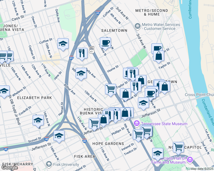 map of restaurants, bars, coffee shops, grocery stores, and more near 1419 Rosa L Parks Boulevard in Nashville
