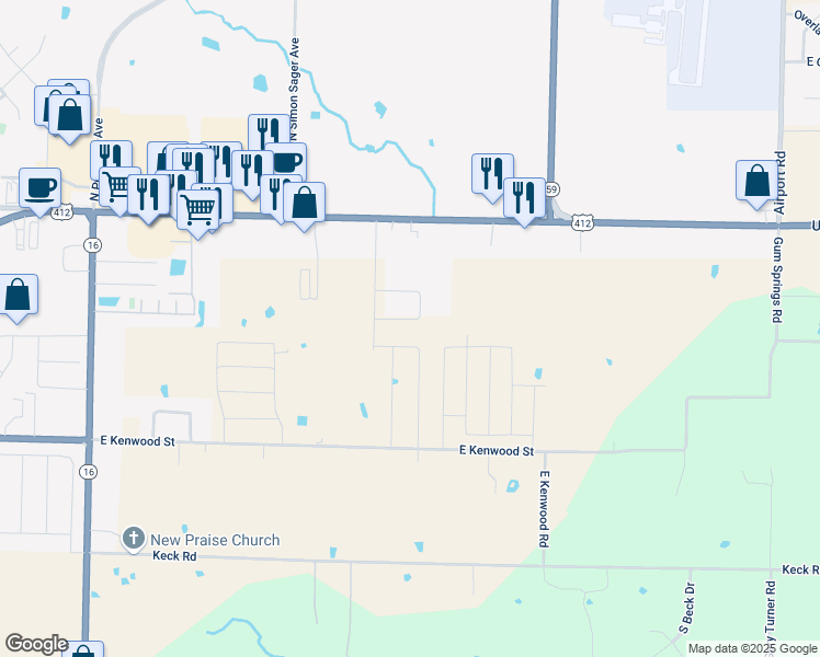 map of restaurants, bars, coffee shops, grocery stores, and more near 5001 Thomas Street in Siloam Springs