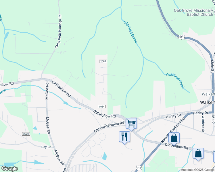 map of restaurants, bars, coffee shops, grocery stores, and more near 5849 Jones Road in Walkertown