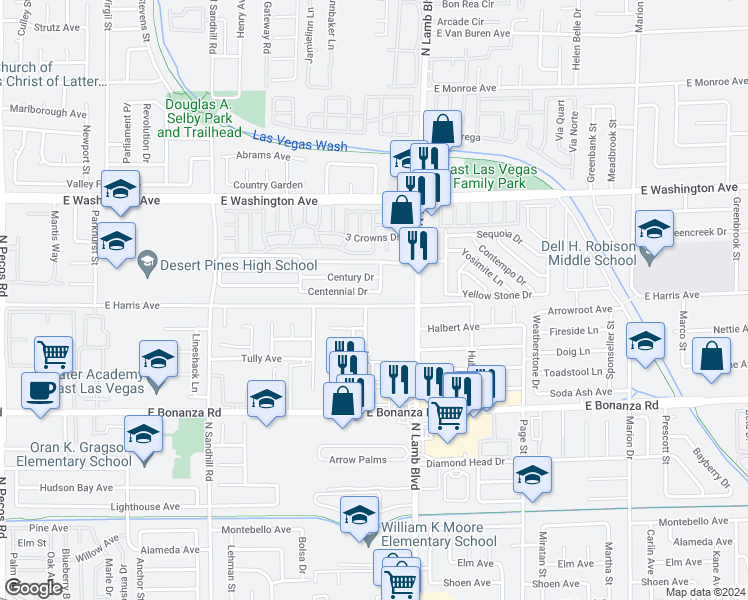 map of restaurants, bars, coffee shops, grocery stores, and more near 4308 East Harris Avenue in Las Vegas