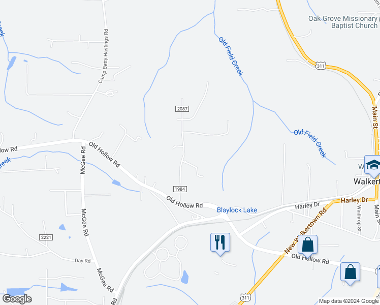 map of restaurants, bars, coffee shops, grocery stores, and more near 5849 Jones Road in Walkertown
