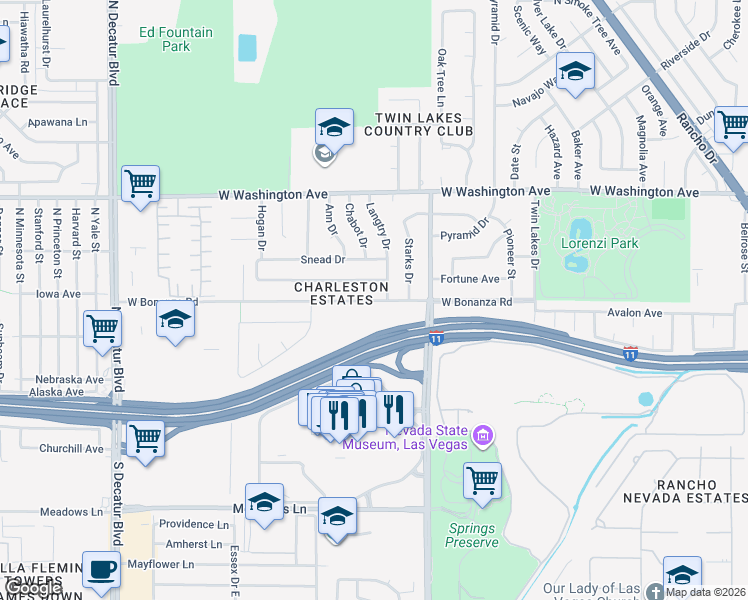 map of restaurants, bars, coffee shops, grocery stores, and more near 4101 West Bonanza Road in Las Vegas