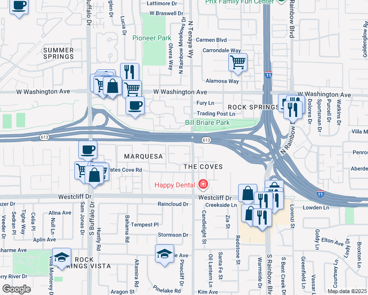 map of restaurants, bars, coffee shops, grocery stores, and more near 7100 West Pirates Cove Road in Las Vegas