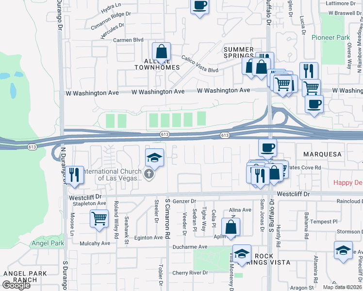map of restaurants, bars, coffee shops, grocery stores, and more near 239 North Cimarron Road in Las Vegas