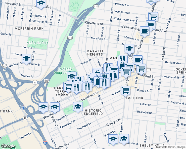 map of restaurants, bars, coffee shops, grocery stores, and more near 900 Ramsey Street in Nashville