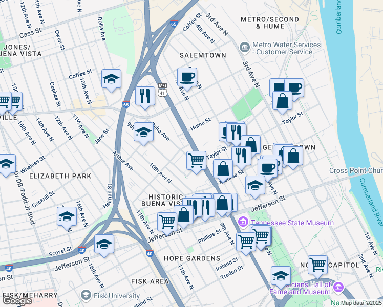 map of restaurants, bars, coffee shops, grocery stores, and more near in Nashville