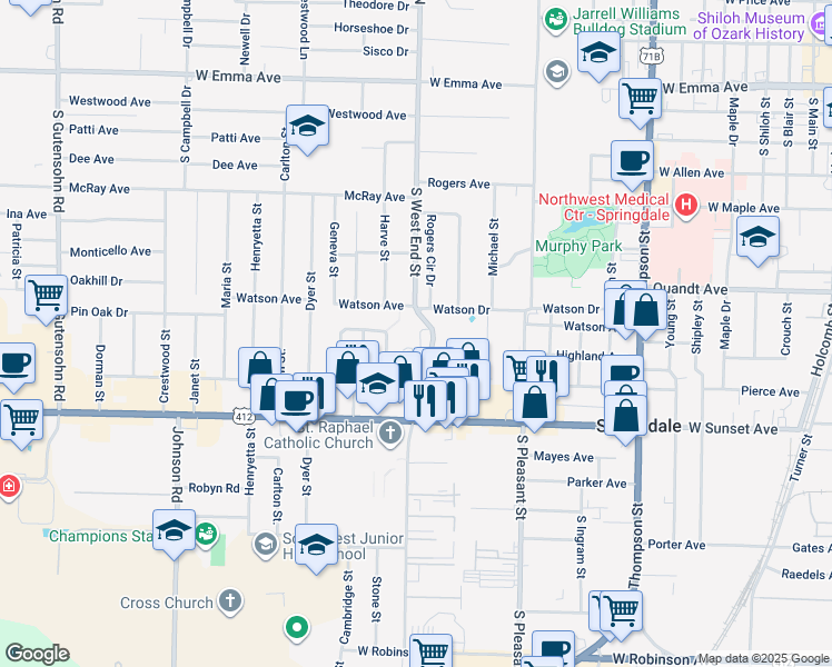 map of restaurants, bars, coffee shops, grocery stores, and more near 802 South West End Street in Springdale