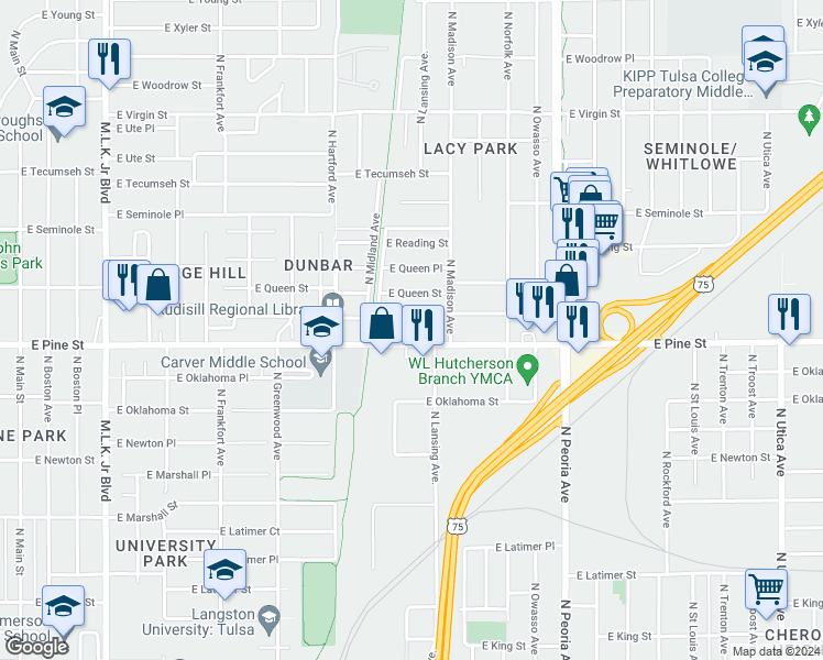 map of restaurants, bars, coffee shops, grocery stores, and more near in Tulsa