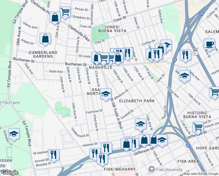 map of restaurants, bars, coffee shops, grocery stores, and more near 1712 Doctor DB Todd Junior Boulevard in Nashville