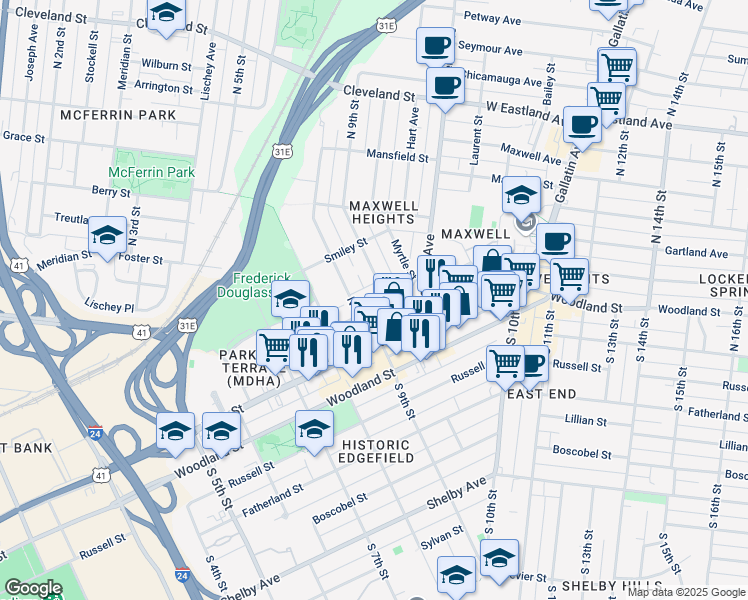 map of restaurants, bars, coffee shops, grocery stores, and more near 900 Ramsey Street in Nashville