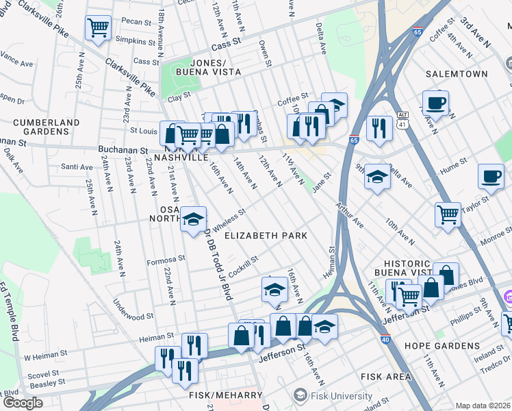 map of restaurants, bars, coffee shops, grocery stores, and more near 1413 Wheless Street in Nashville